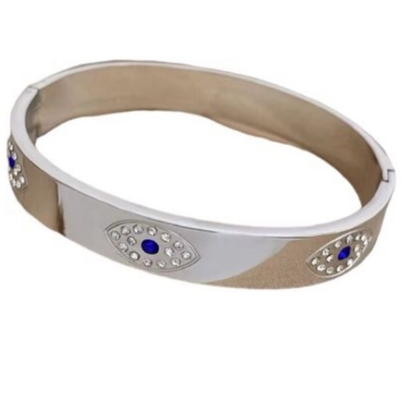 No Brand Jewelry - Silver Evil Eye Hinged Bangle Bracelet Blue Crystal Rhinestone Protection Steel